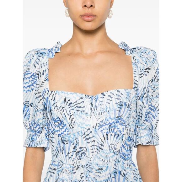 NWT SALONI Rachel-D Mini Dress Neptune Azure Size 2 Blue White Linen Puff Sleeve - Picture 3 of 16